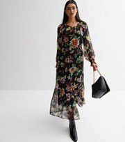 ONLY Black Floral Chiffon Long Sleeve Tiered Midi Dress